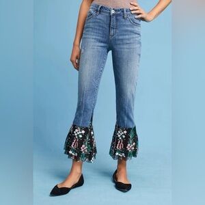 Anthropologie Blue Denim Flare Jeans with Floral Ruffle Hem